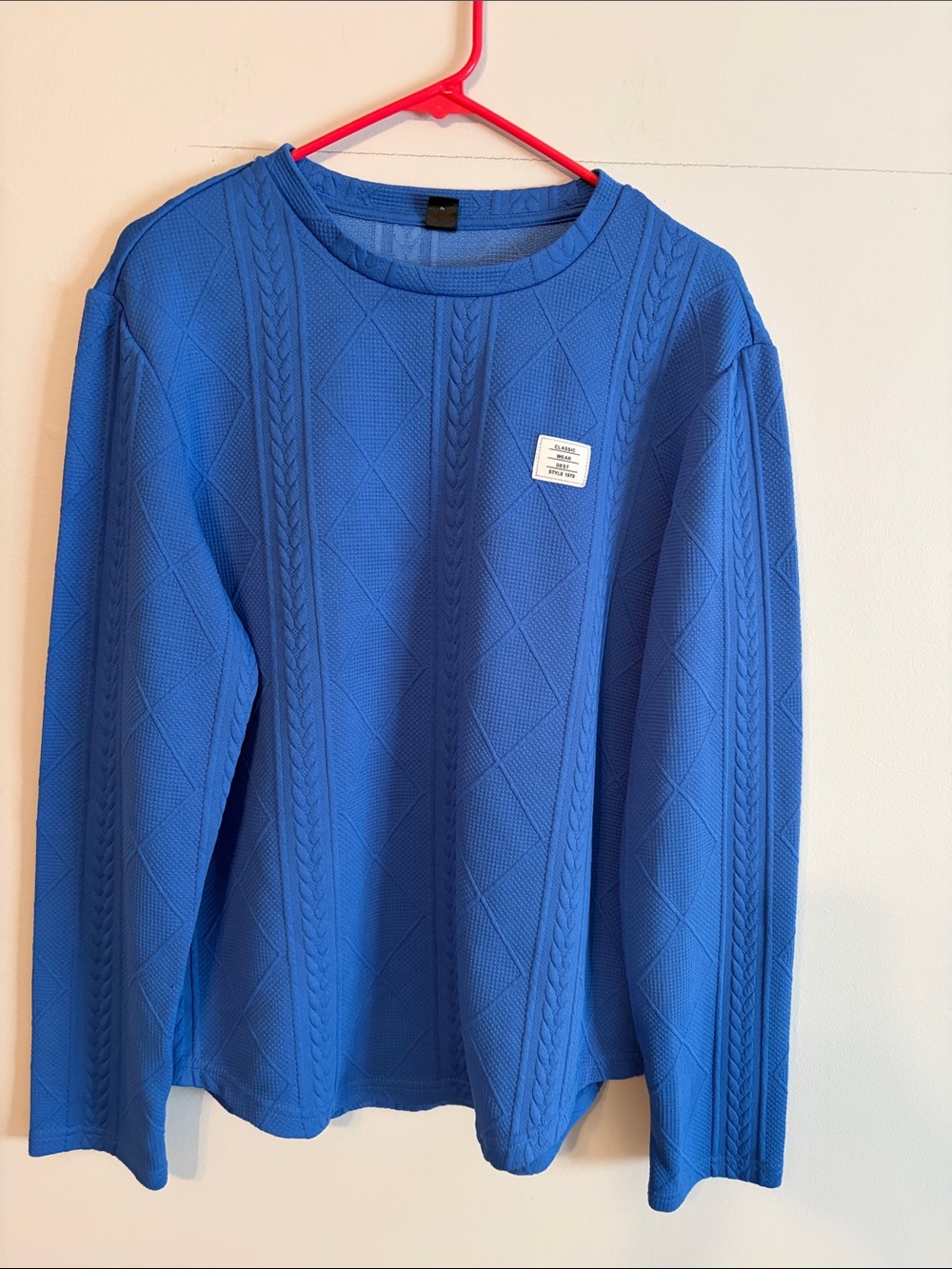 Manfinity men’s  Cable-Stitch Crewneck Sweater in Blue. Large. Poly/spandex.